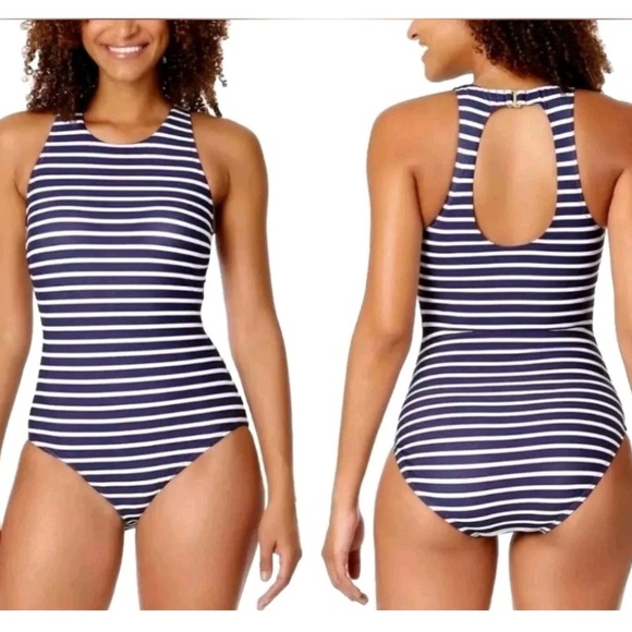 Lands' End Women's High Neck one piece Swimsuit Navy stripe built in cups - Picture 1 of 12